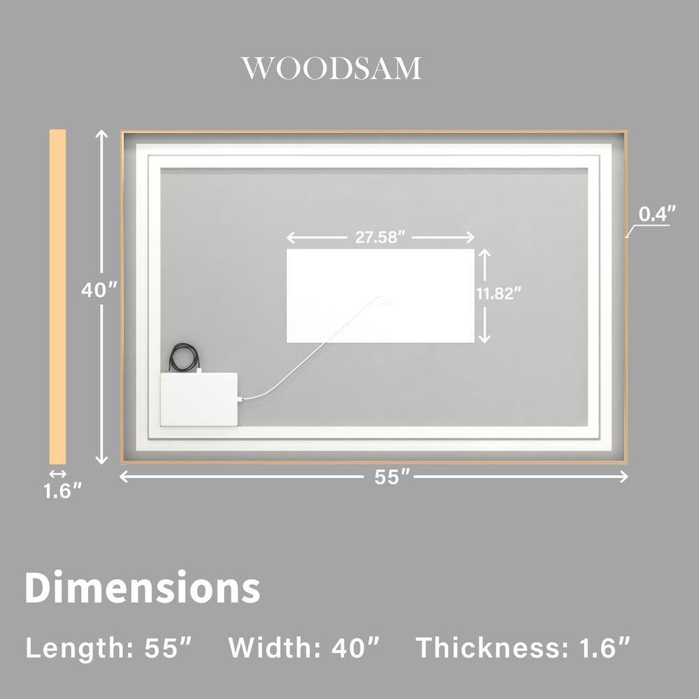 WOODSAM 55 in. W x 40 in. H Rectangular Aluminum Framed Anti-Fog LED Lighted Wall Bathroom Vanity Mirror in Brushed Gold LM02-W5540-BG