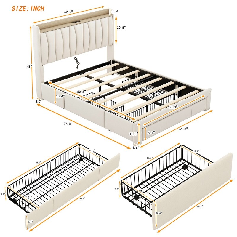 Queen Size Beige Upholstered Platform Bed with Storage Headboard Charging Station and 3 Drawers