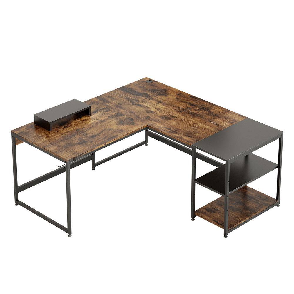 Bestier 59.06 in. Rustic Brown L-Shaped Computer Desk with Shelves D054E-RST