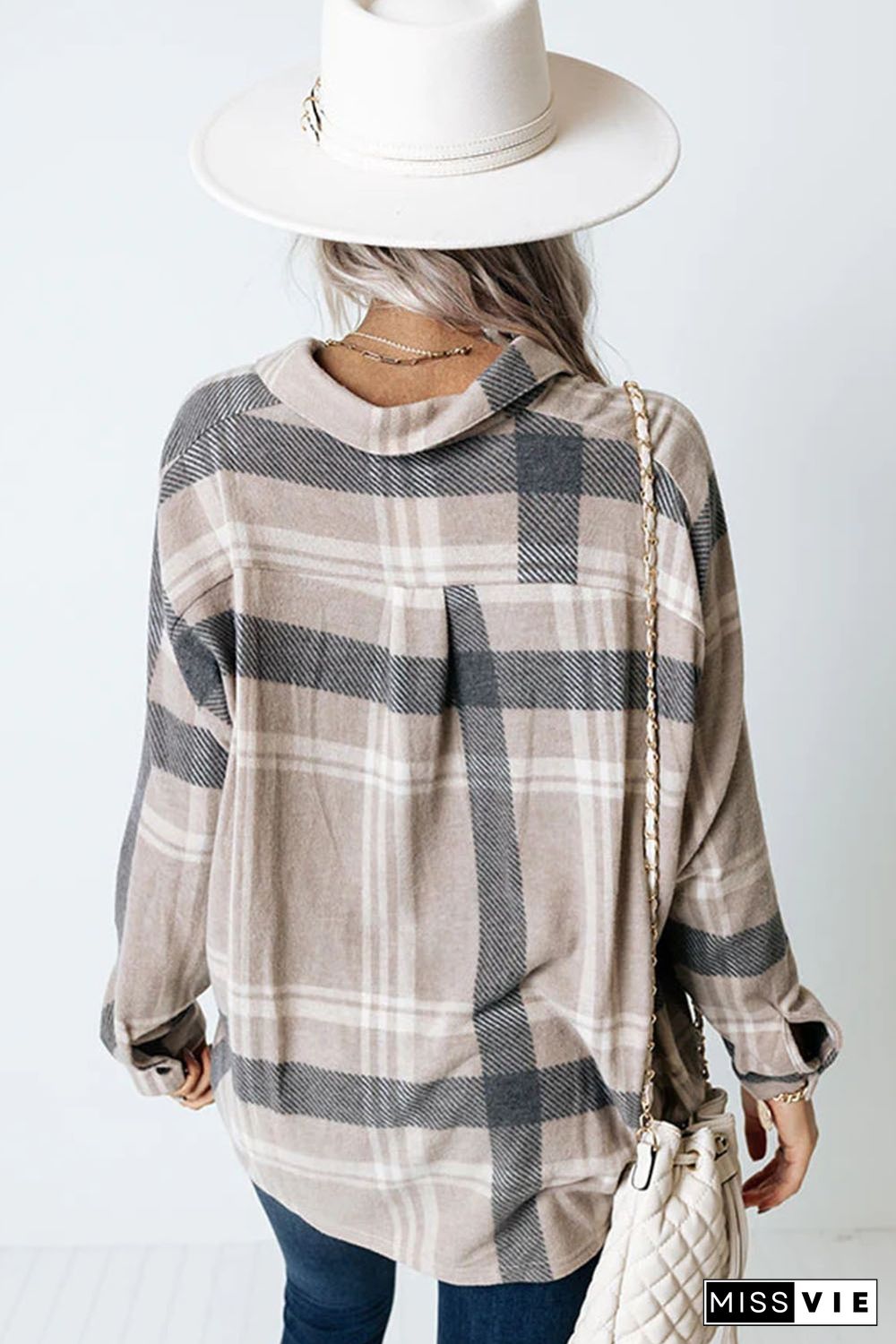 Khaki High Low Brushed Plaid Oversize Shirt