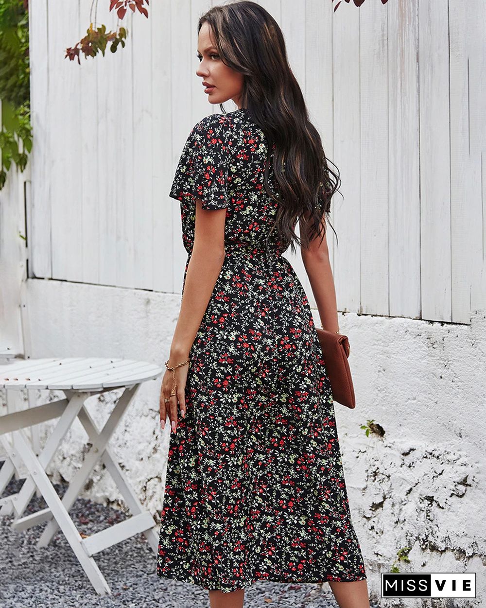 Elegant V-Neck Floral Print Summer Dress Women High Waist Button Bohemian Beach Dress Female Green Midi Vestidos De Mujer