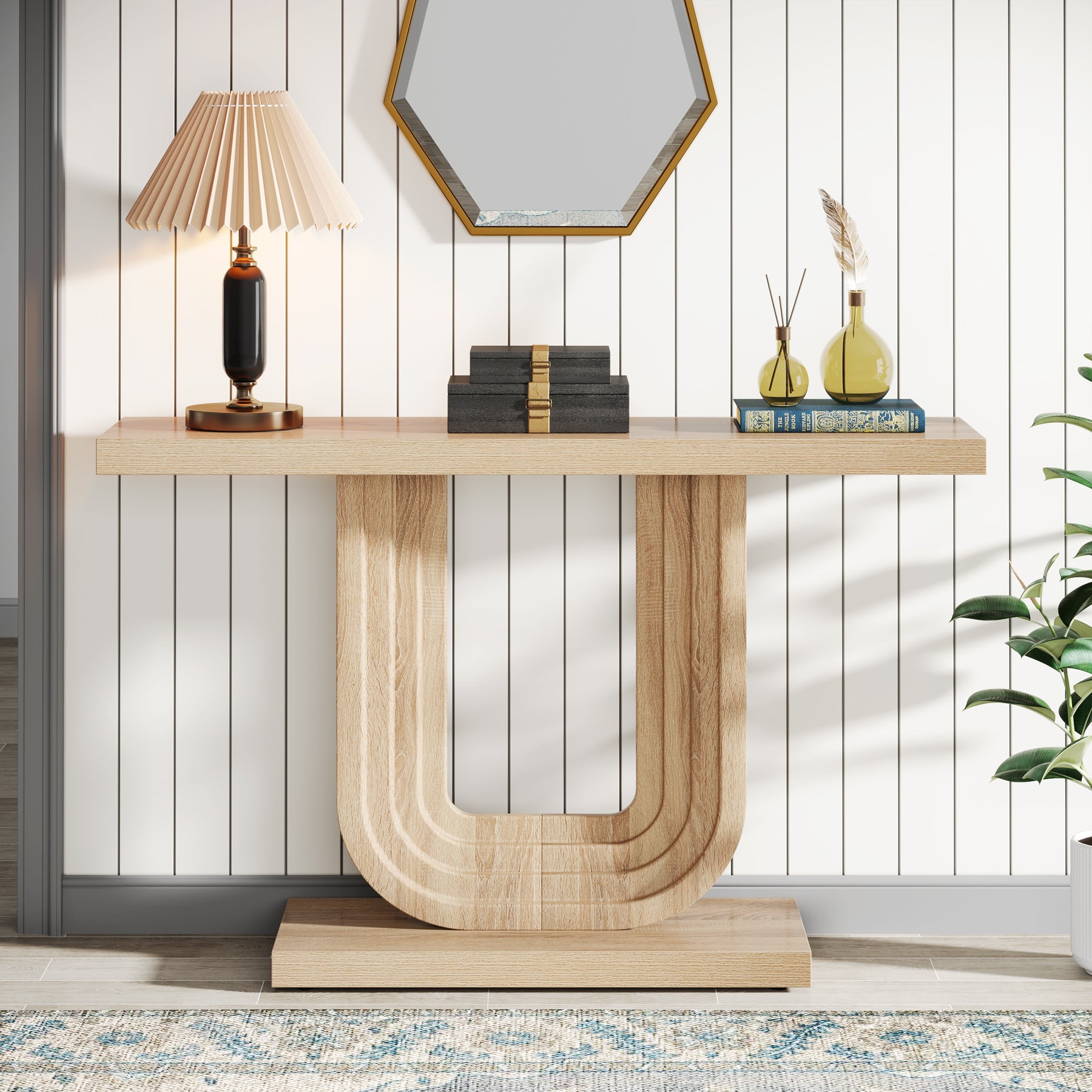 Farmhouse Console Table, 39 Wood  Entryway Table with Geometric Base