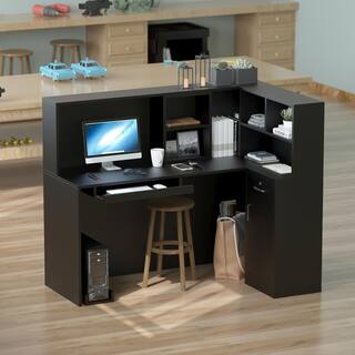 FUFUGAGA 55.9 in. L Shaped Black Wood Computer Desk with 5-Shelves Drawer and Cabinet Writing Table Workstation Reception Desk WFKF210088-02