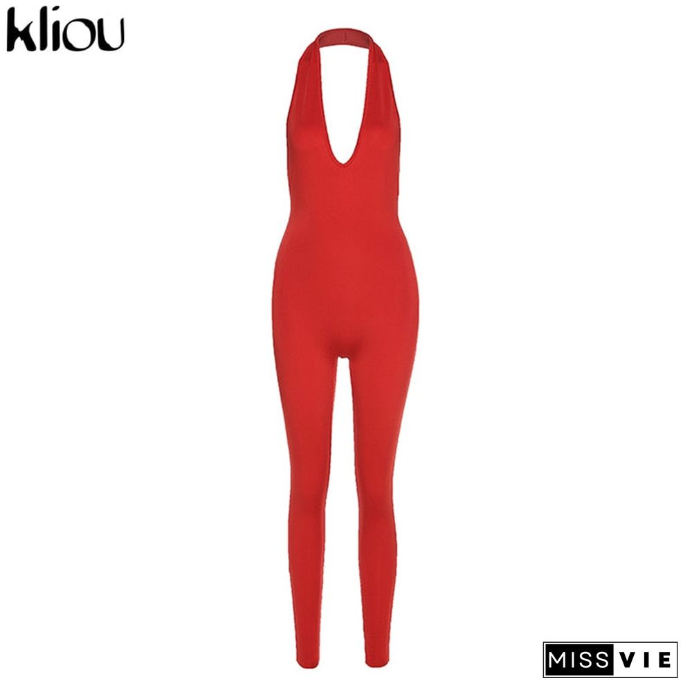 Kliou Halter Women Activewear V-Neck Sexy Bandage Sleeveless Jumpsuit Skinny Rompers Solid Elastic Bodycon Fitness Casual Outfit