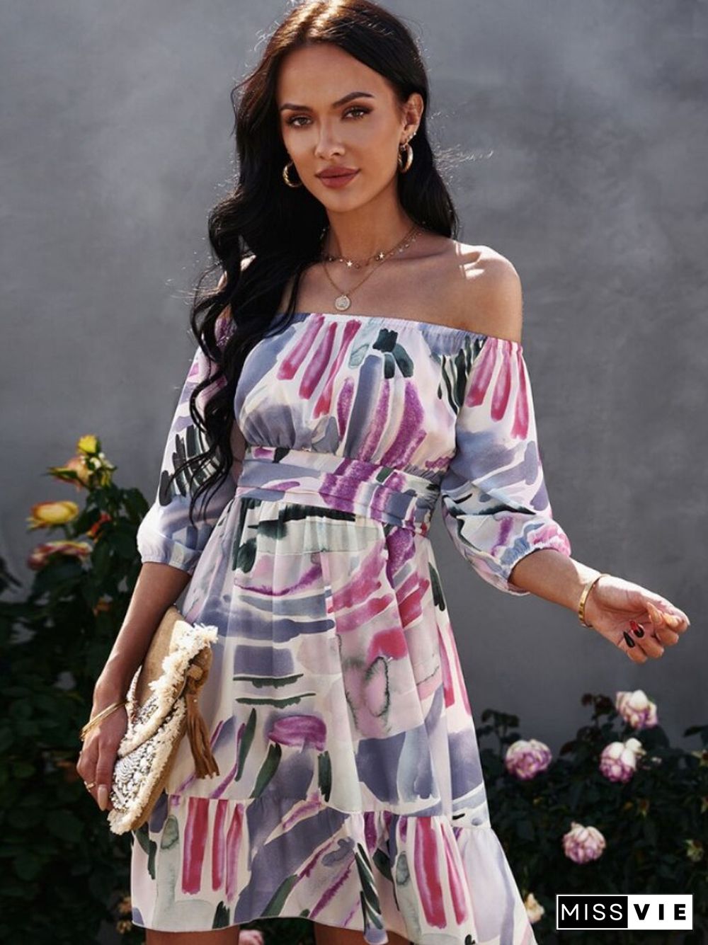 New Spring Summer Fashion Print Dress Female Off-shoulder Straight-neck Short Skirt Temperament Casual Vacation Wear Dresses