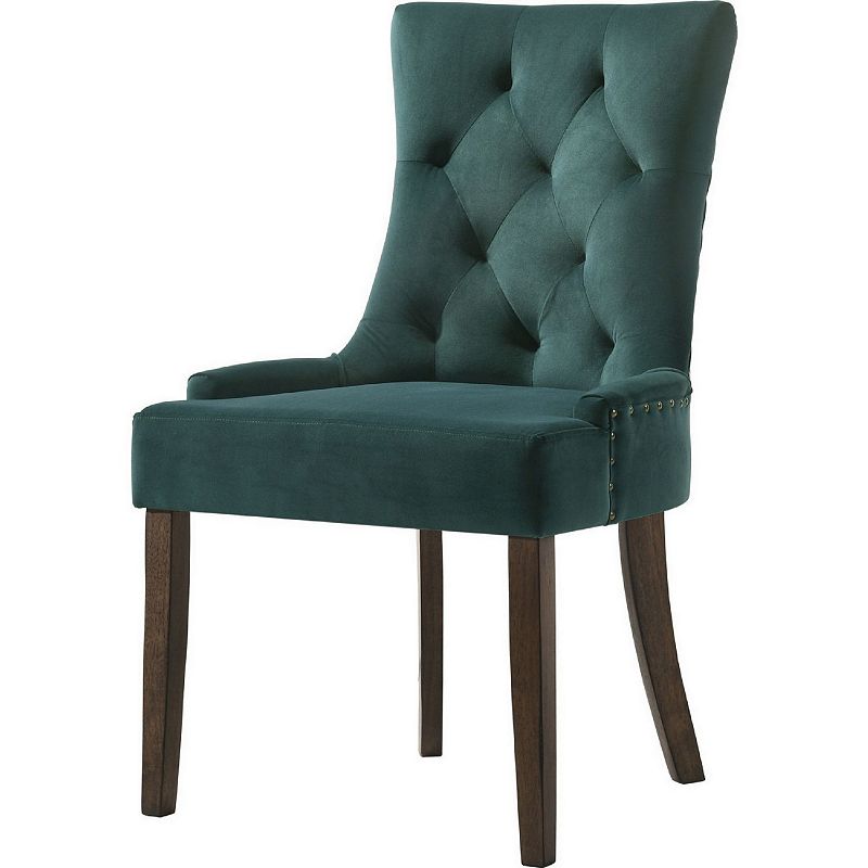 Esme 24 Inch Solid Wood Dining Chair， Velvet， Tufted， Set of 2， Green