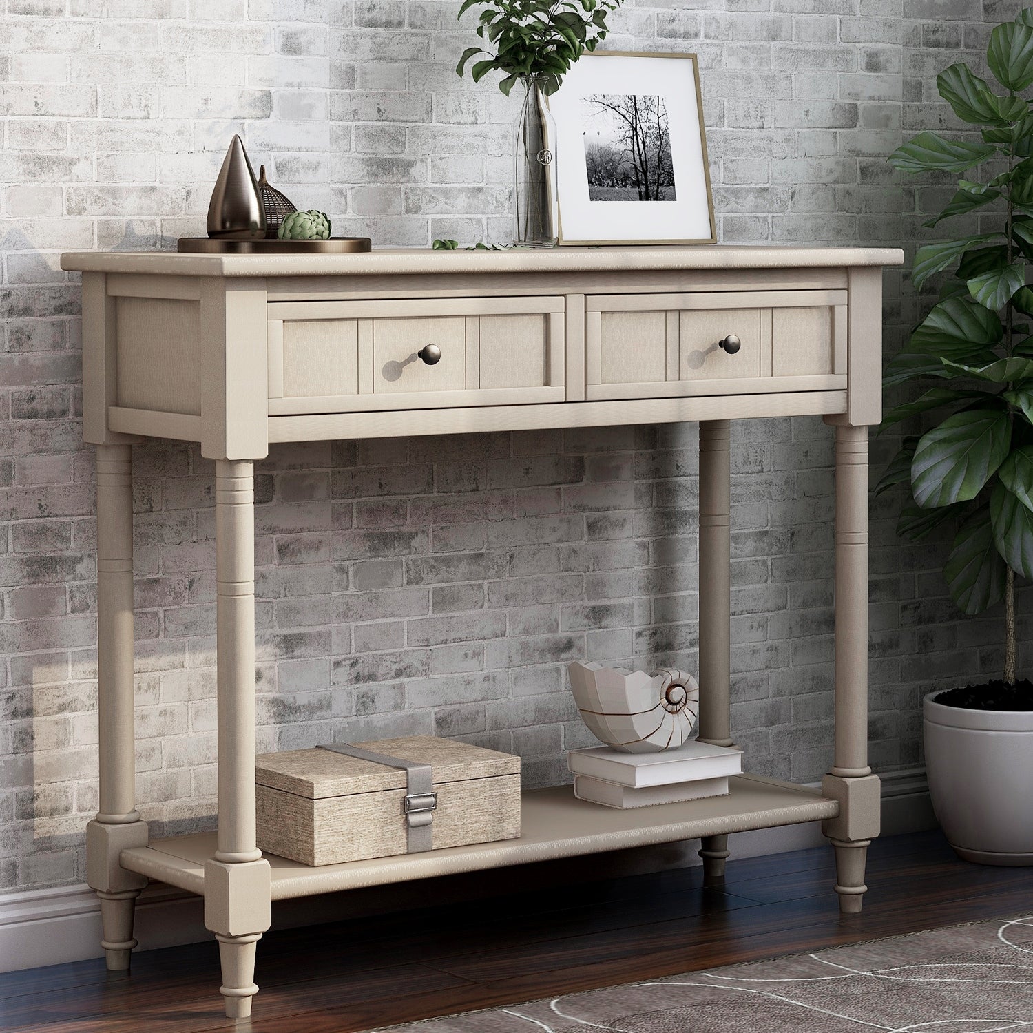 Console Table with 2 Drawers and Bottom Shelf Acacia Mangiu， Retro Grey