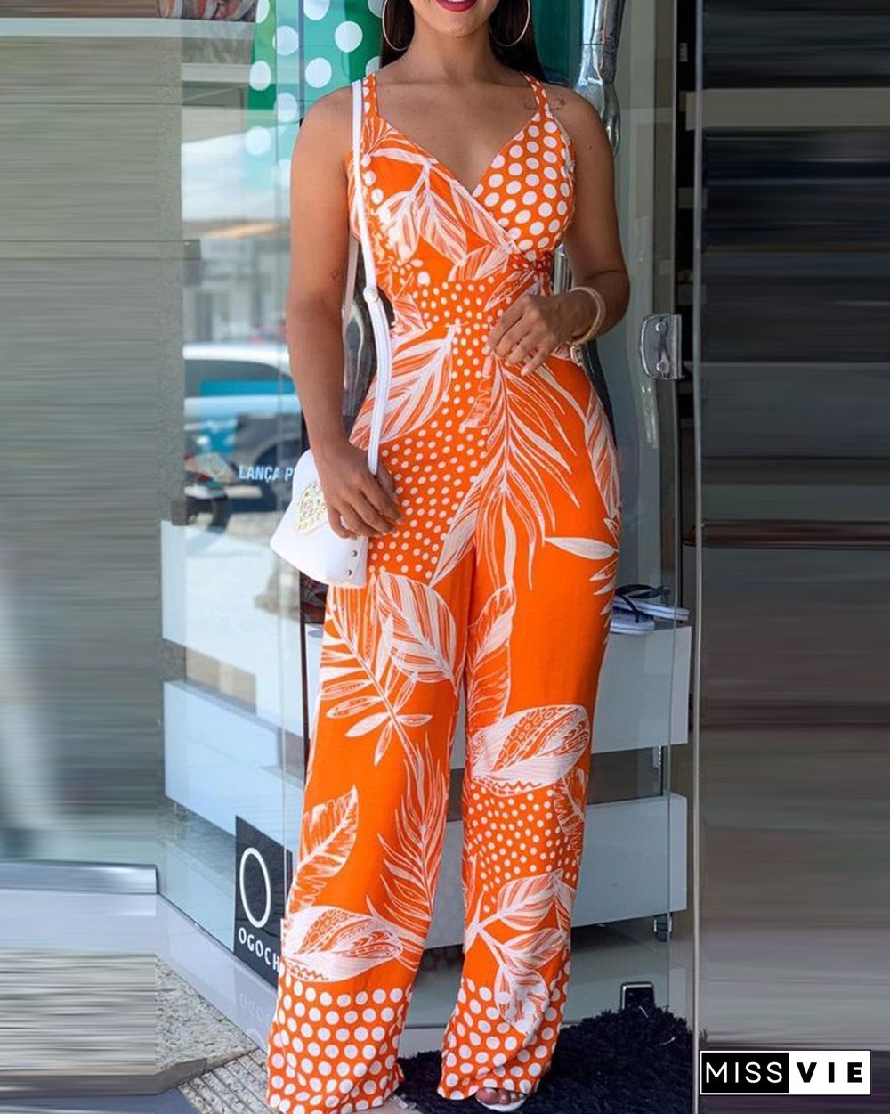 Tropical Print Spaghetti Strap Jumpsuit