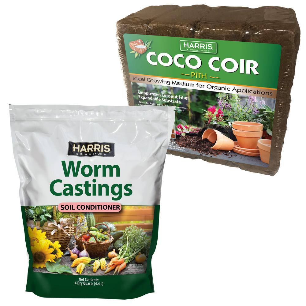 Harris 9 Gal. Expanding Coco Coir Pith (4 Brick pack)  4 Qt. Worm Castings Premium Soil Conditioner COCO4-WORM