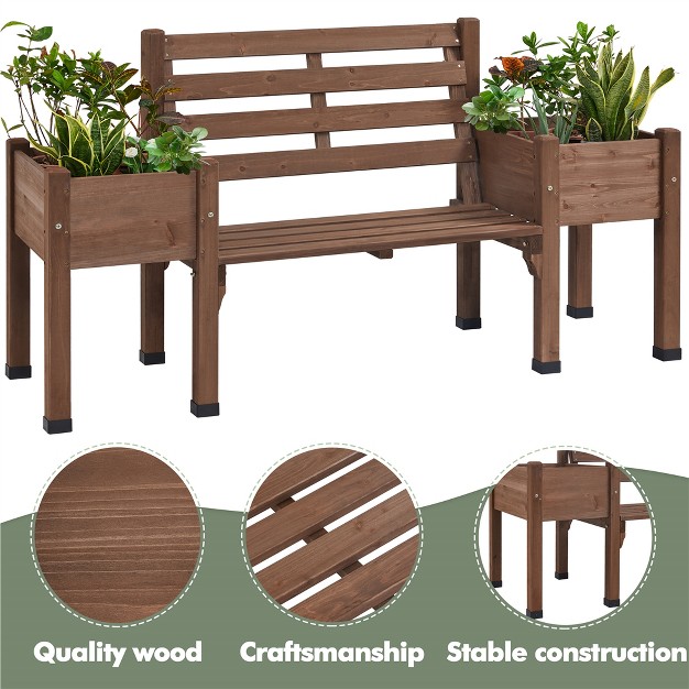 Yaheetech 2 In 1 Outdoor Solid Wood Double bench For Patio Backyard Brown