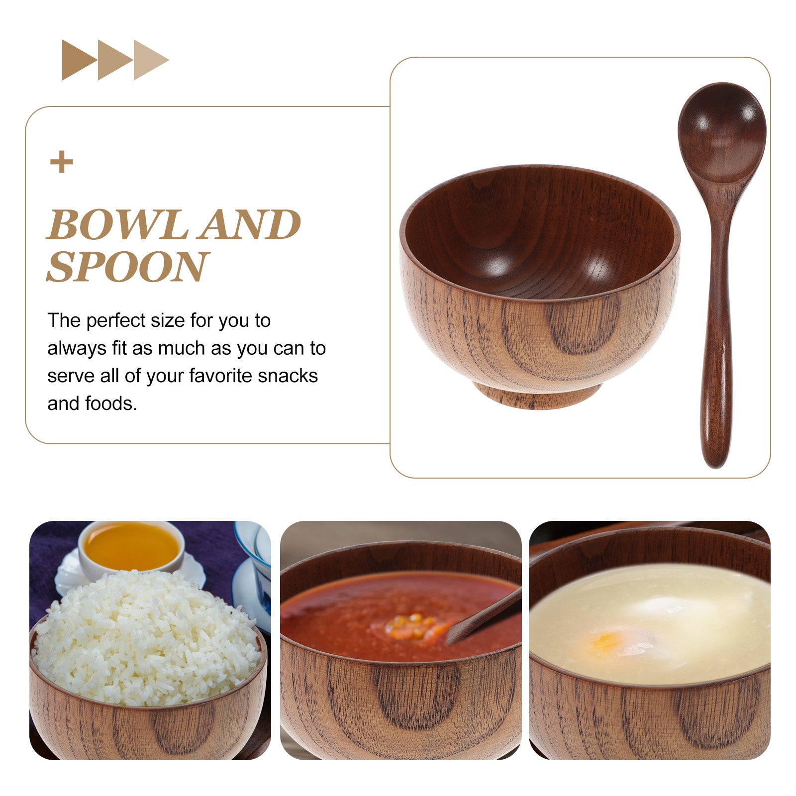 Etereauty 2pcs Bowl and Spoon Set Wooden Rice Bowl Eco-friendly Tableware Food Container for Restaurant Home