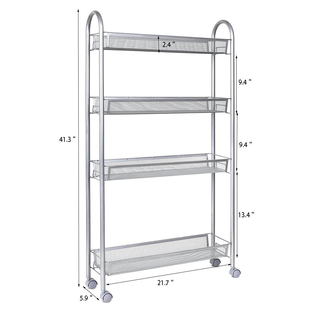 SEGMART 4-Tier Utility Cart， Slim Slide Out Mesh Rolling Storage Cart Kitchen Storage Cart on Wheels Steel Utility Serving Rack with Wheels for Kitchen Office Bedroom Bathroom Washroom， L2422