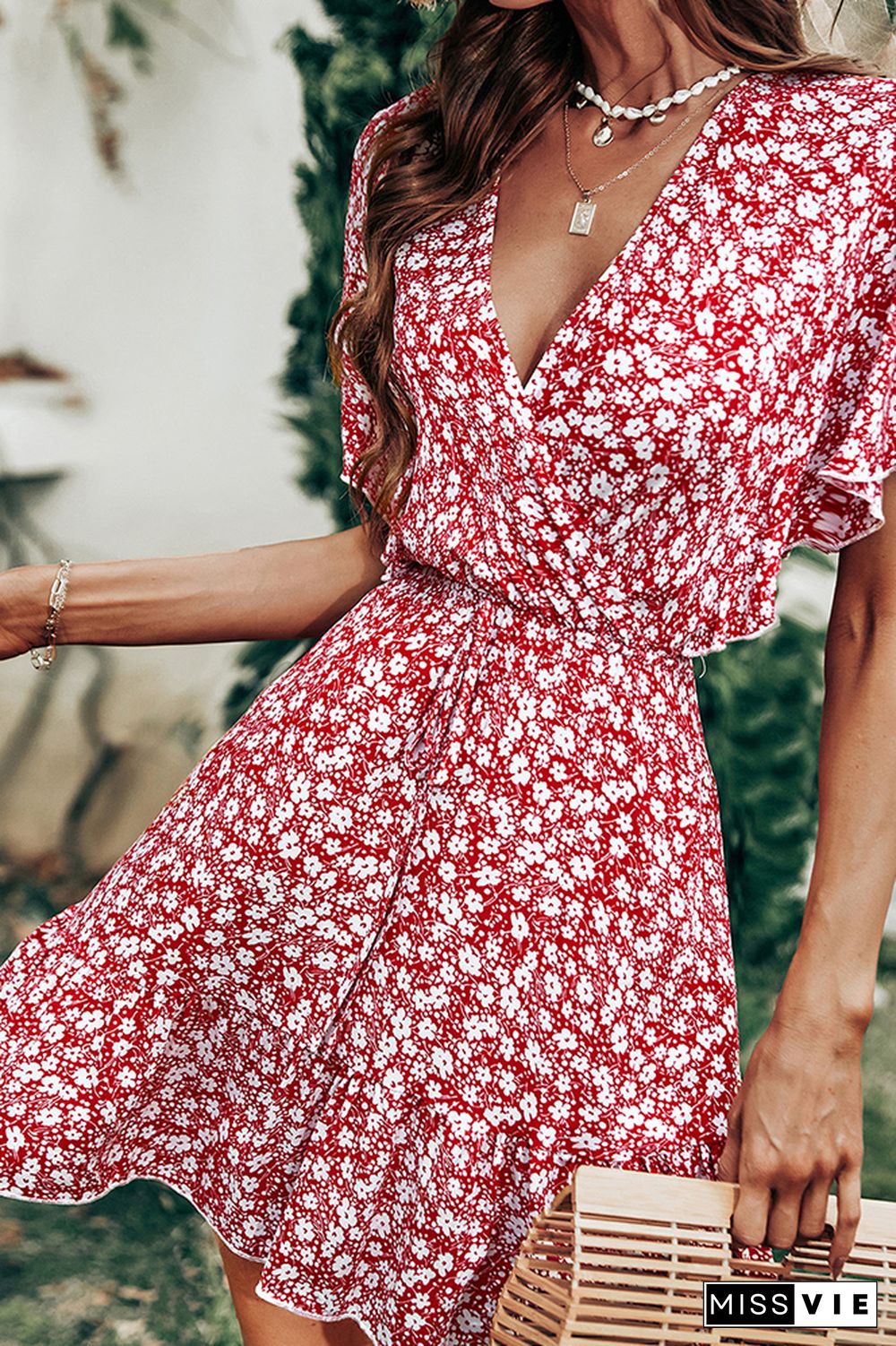 Red V Neck Floral Short Sleeve Dress Wholesale