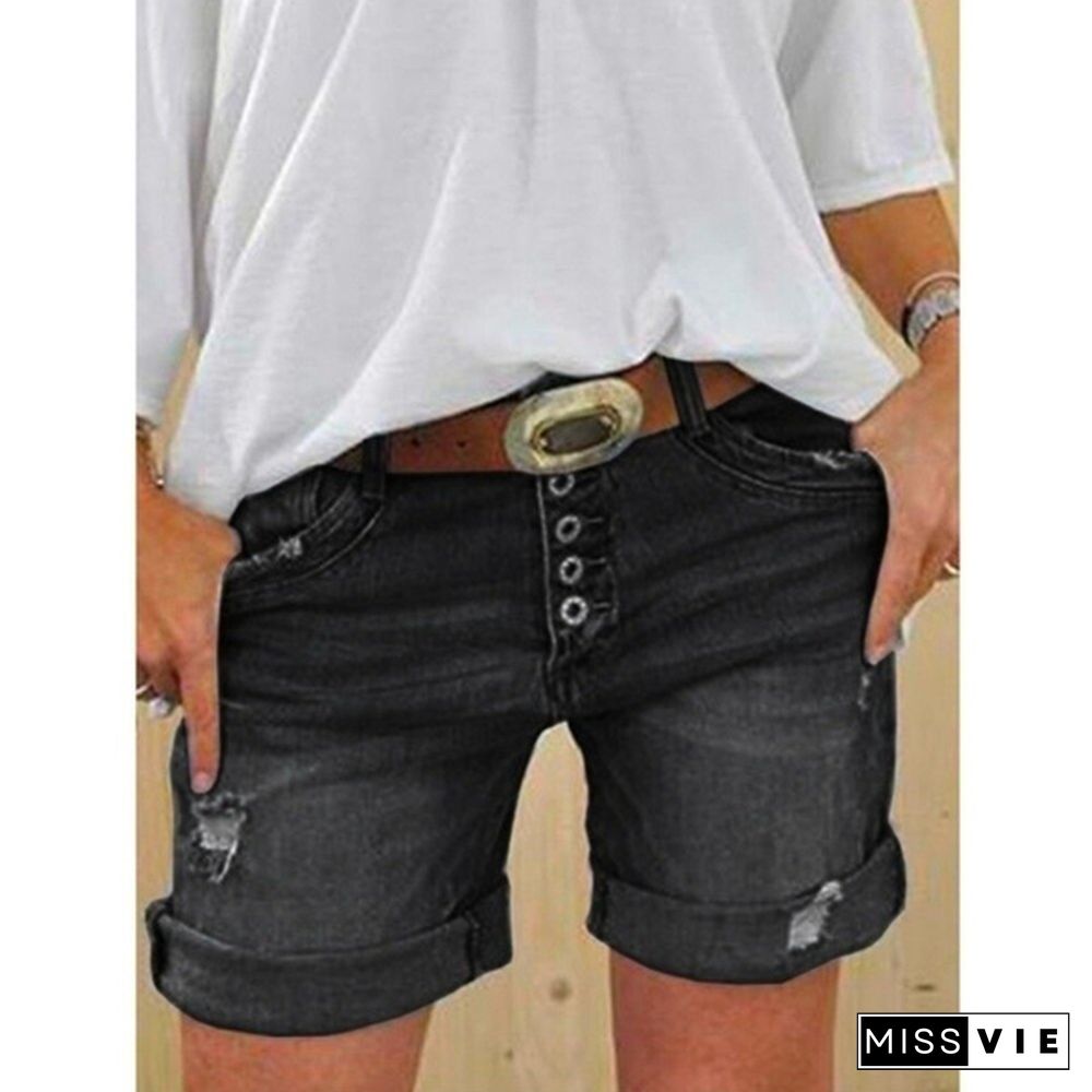 Women Summer Denim Shorts Sexy Ripped Hole Button Jeans Shorts Ladies Plus Size Short