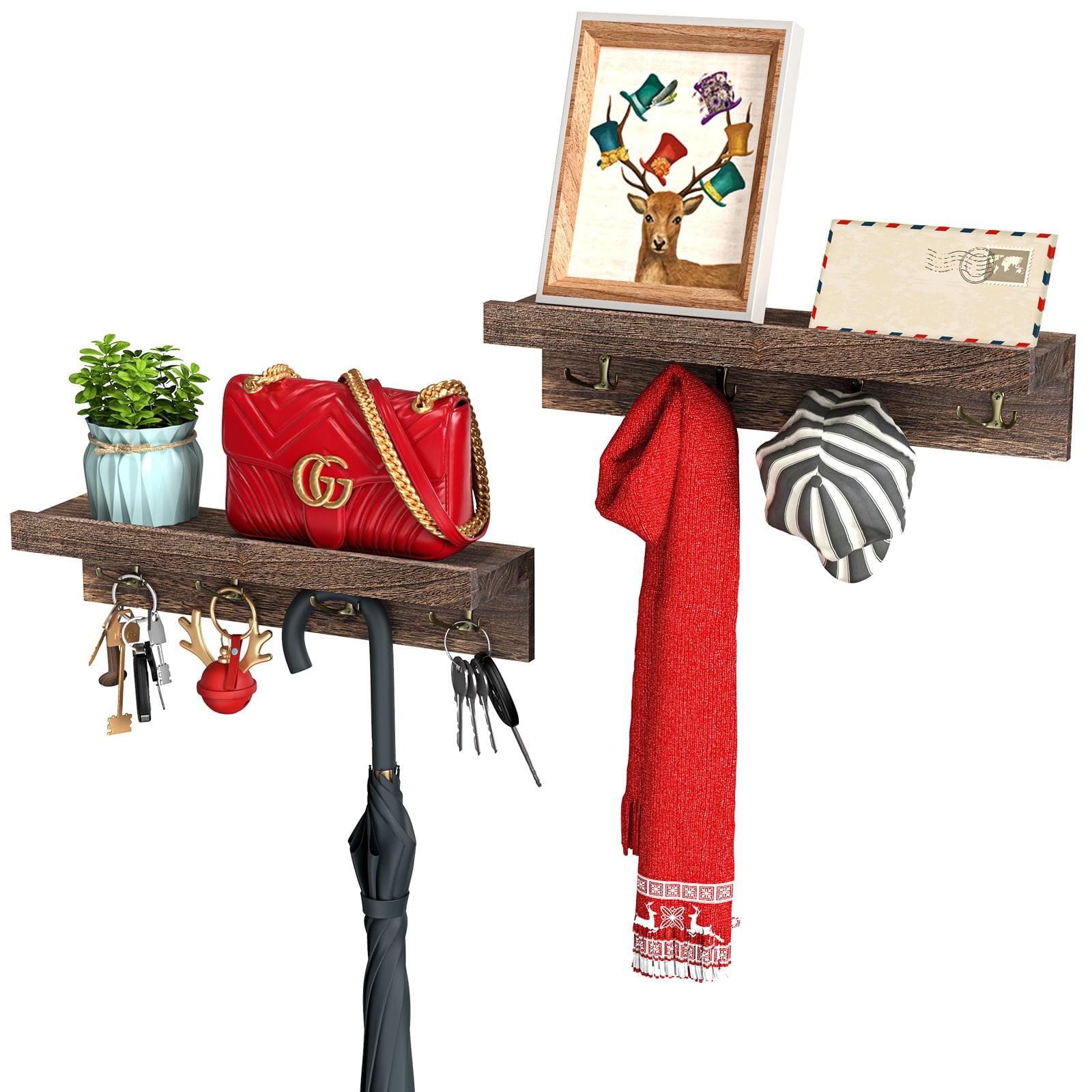 2 Pack Wall Mount Wood Floating Coat Rack /Display Shelf with 4 Metal Hooks for Wall Organizer