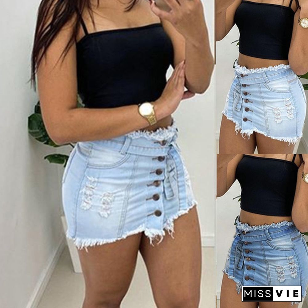 New Retro Women's Short Skirt Burr Hole Denim Skirt Denim Short Skirt Button Package Hip Short Skirt