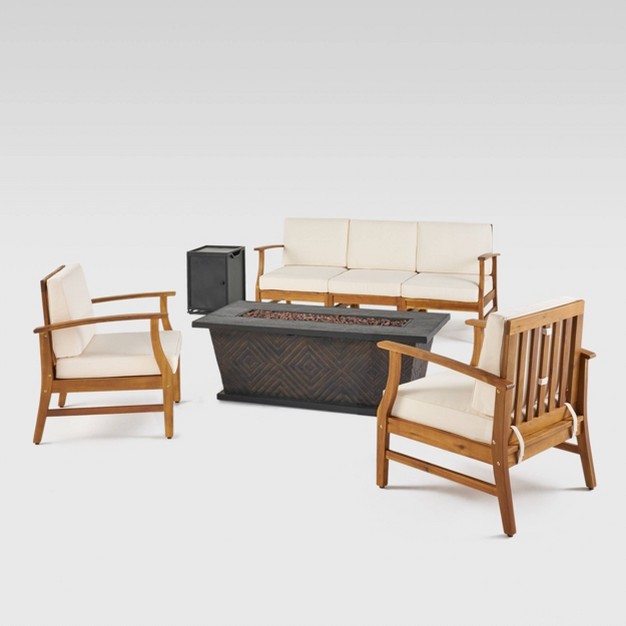 Driscoll 7pc Acacia Wood Chat Set With Fire Pit Teak cream brown Christopher Knight Home