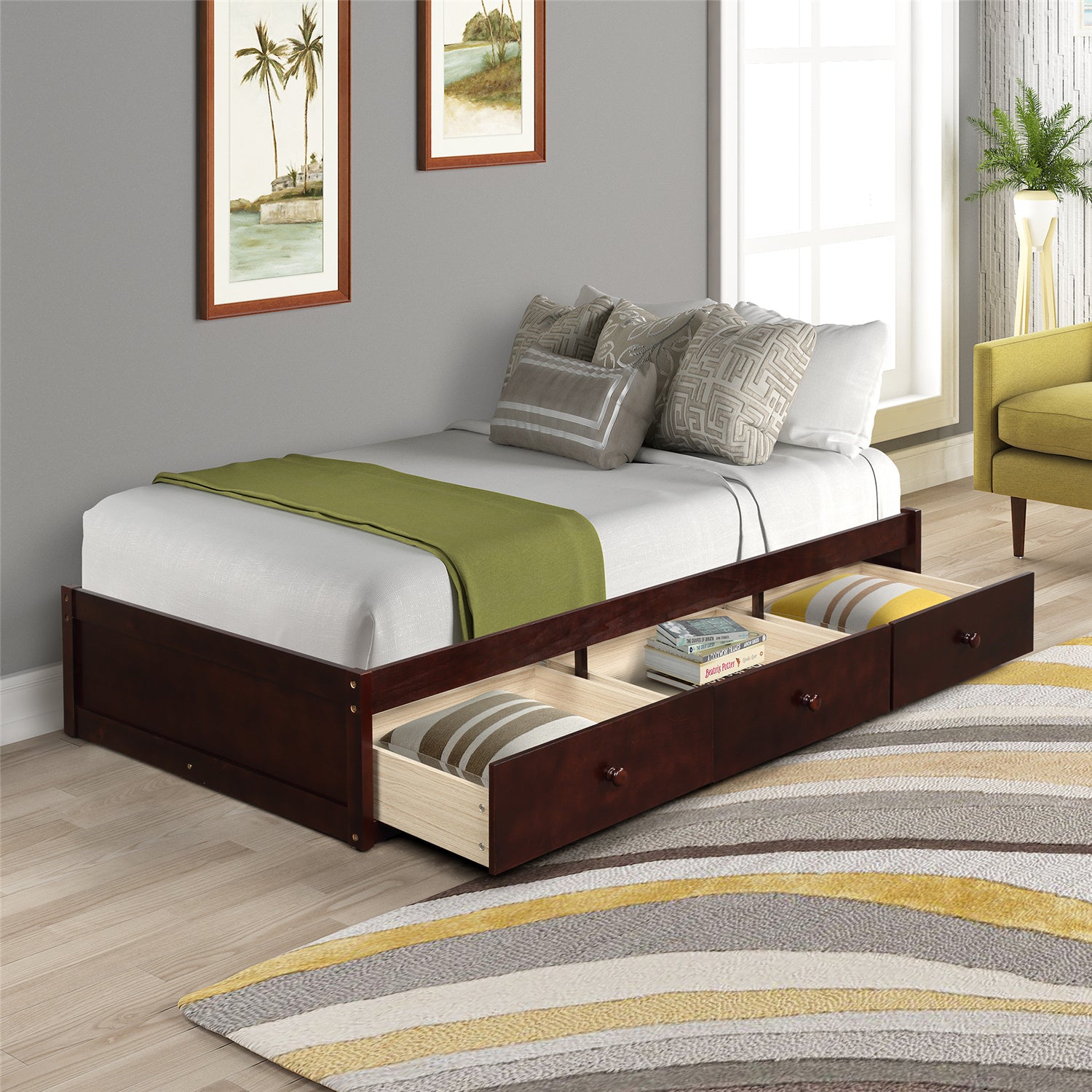 VANELC 3-Drawer Captain Storage Bed Twin (Cherry Finish)