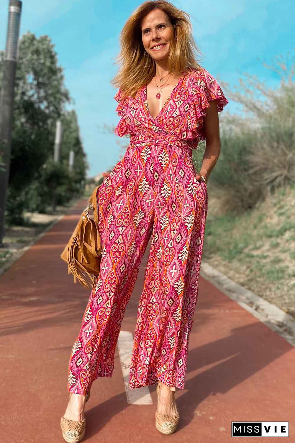 Rose Printed V Neck Button Open Back Wide Leg Jumpsuit