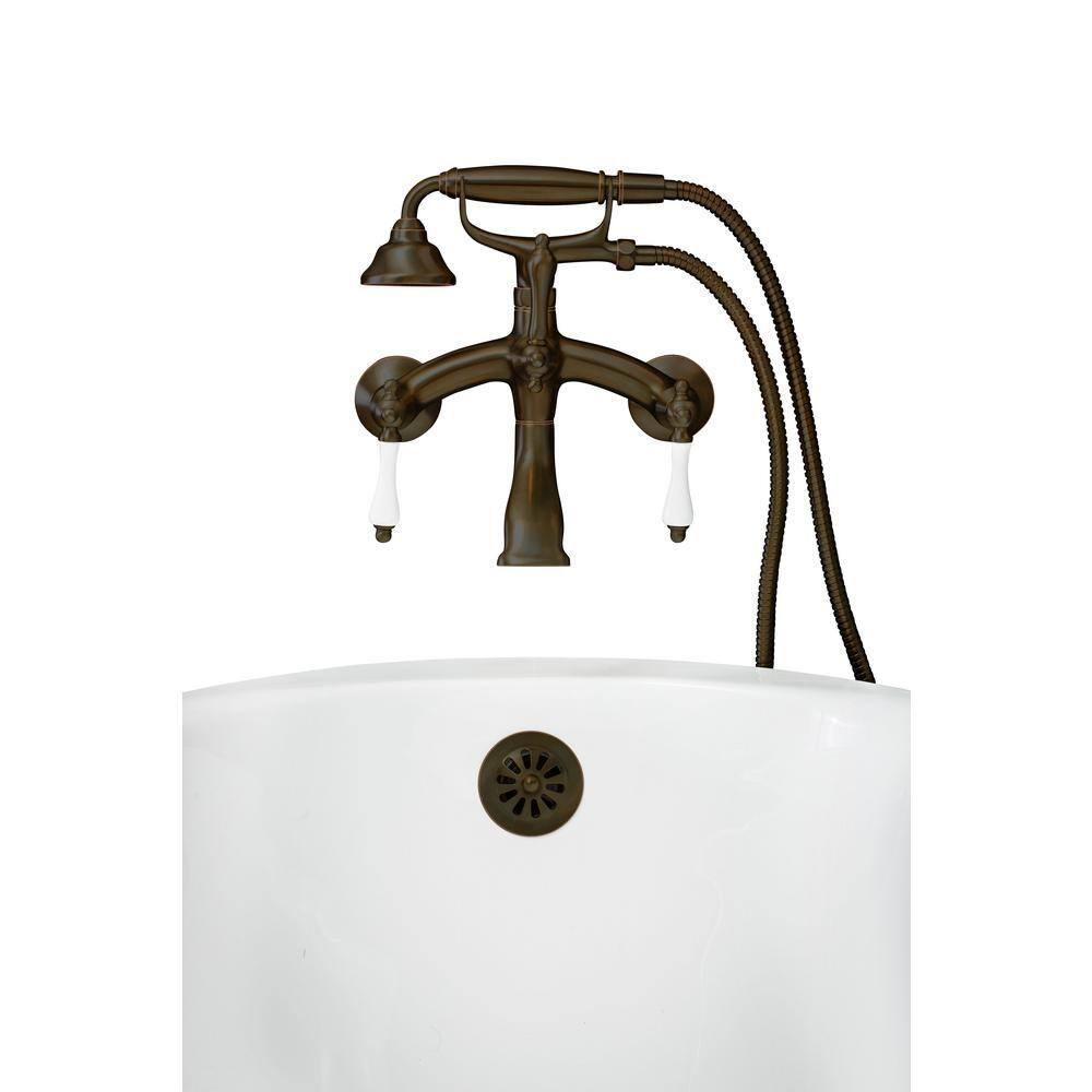 PELHAM  WHITE Vintage Style 3-Handle Wall Mount Claw Foot Tub Faucet with Porcelain Levers and Handshower in Oil Rubbed Bronze PW82555-P-ORB