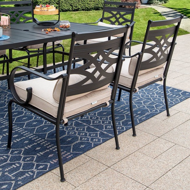 7pc Outdoor Dining Set With Chairs With Cushions amp Large Metal Table With Umbrella Hole Captiva Designs