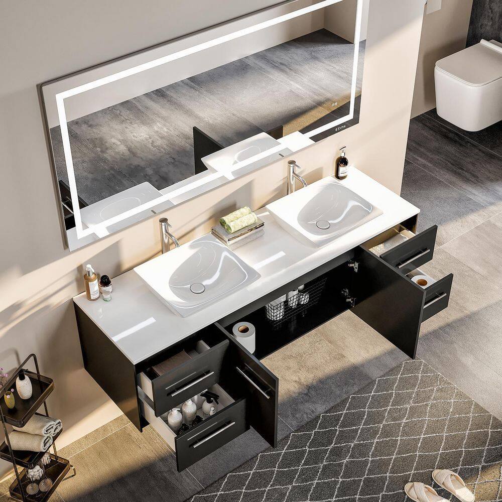 Eviva Totti Wave 60 in. W x 16 in. D x 22 in. H Double Bathroom Vanity in Espresso with White Glassos Top with White Sinks EVVN147-60ES