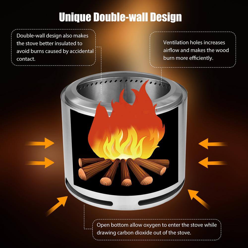 Costway 18.5'' Smokeless Fire Pit 304 Stainless Steel Stove Bonfire with Waterproof Cover NP10722