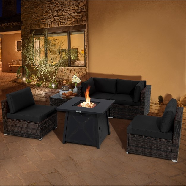 Propane Fire Pit Table Outdoor Pe Wicker Conversation Set W Cushions amp tempered Glass Coffee Table