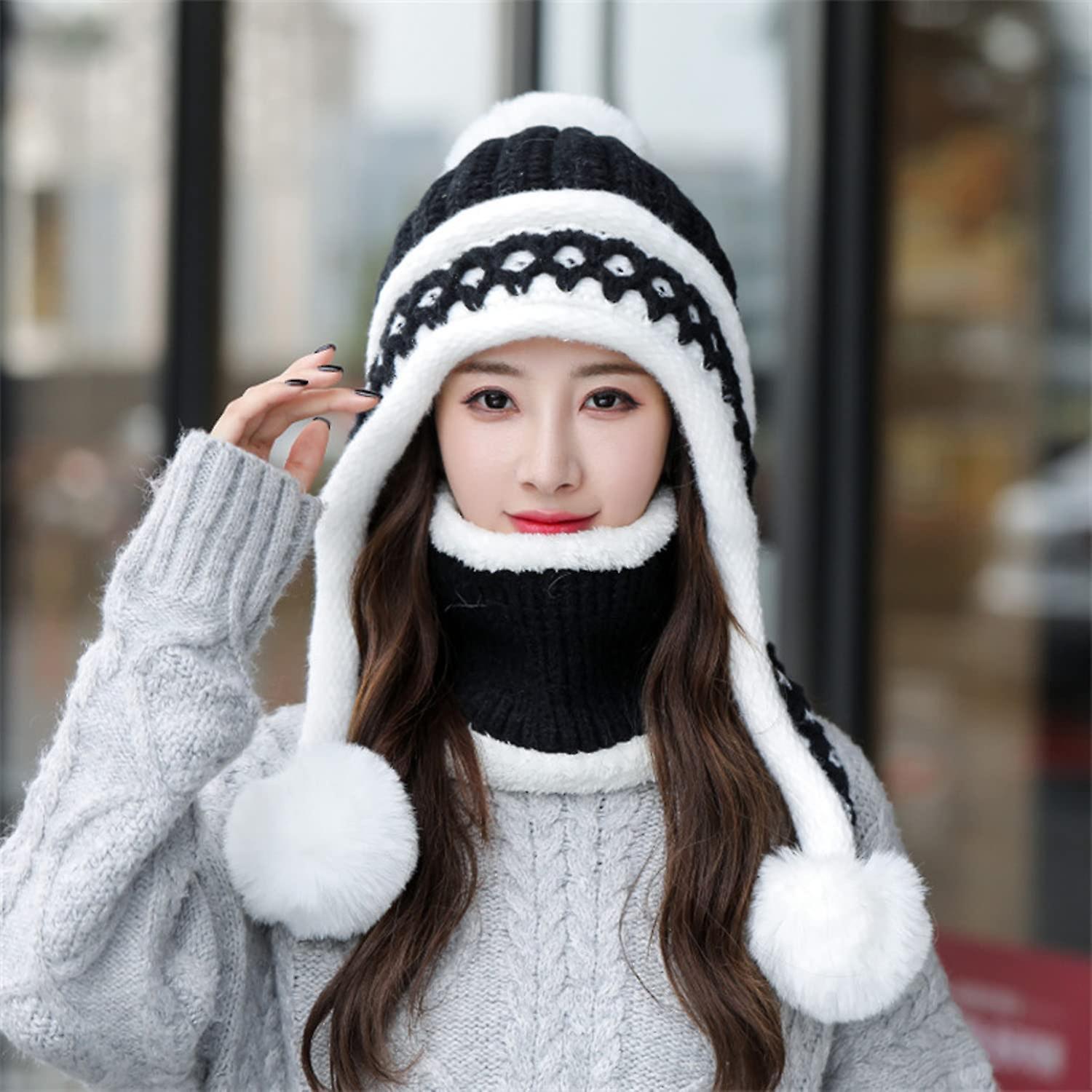 Women Winter Beanie Hat Peruvian Circle Scarf Set Ski Ear Flaps Caps Dual Layered Fleece Lined Pompoms Z15022-black -