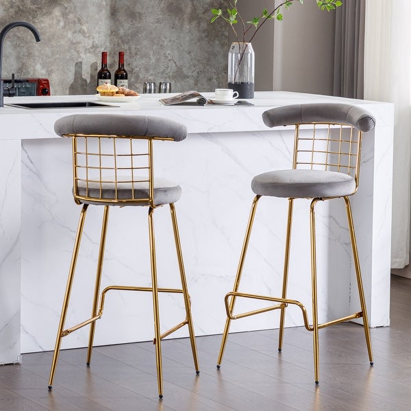 2Pcs Velvet Upholstered Bar Stools with Metal Legs and Soft Back