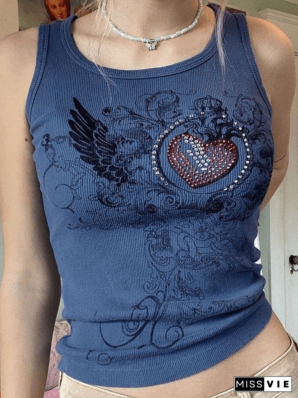 Heart Rhinestone Rib Crop Tank Top