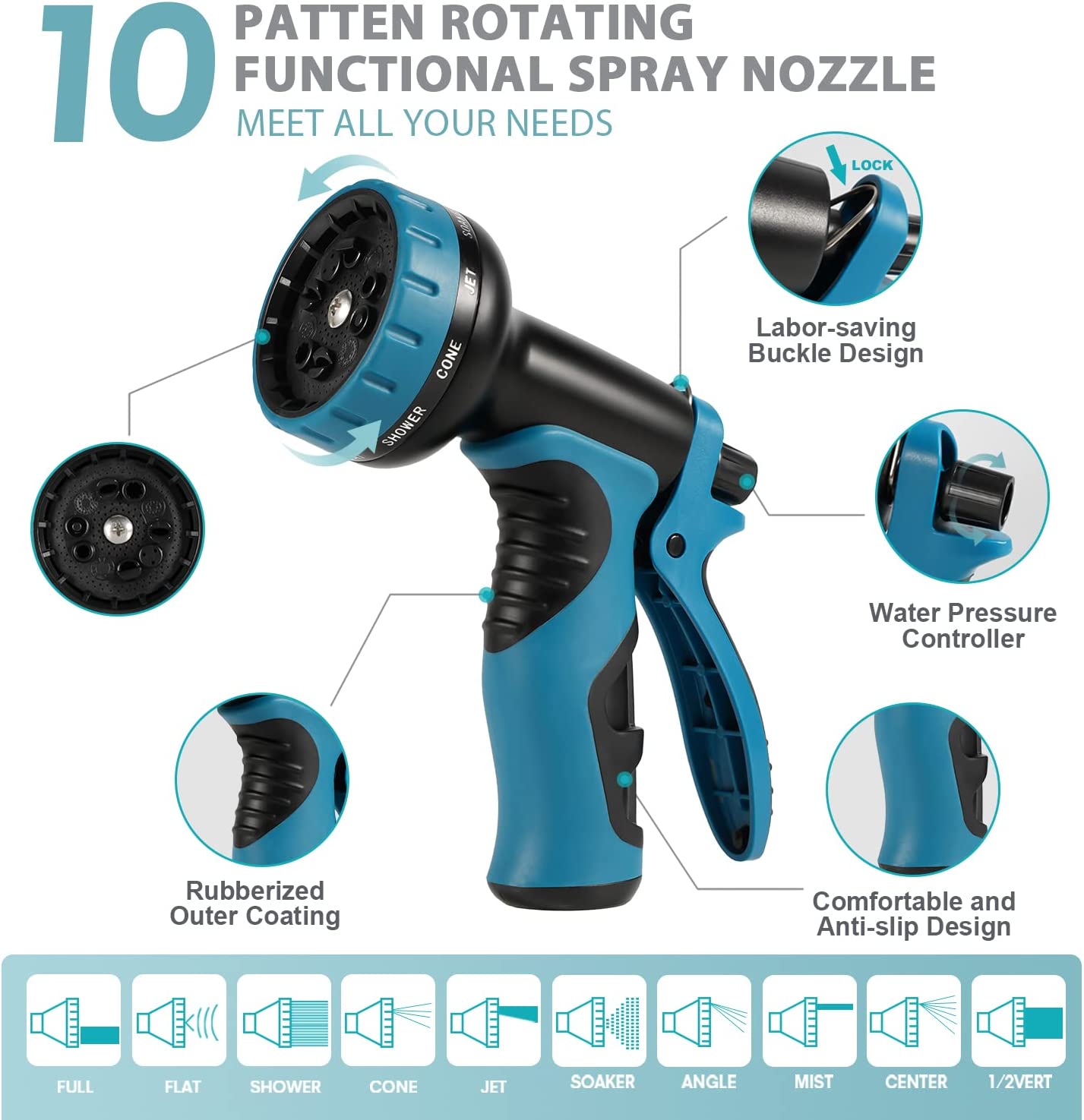 prabensei Garden Hose Nozzle， Water Hose Nozzle Sprayer with 9 Adjustable Watering Spray Patterns for Watering， Cleaning， Car Washing， Pets Showering