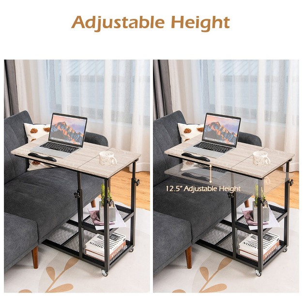 Tangkula C Shaped Side Table Coffee Table With Wheels Height And Tabletop Adjustable Storage Shelf