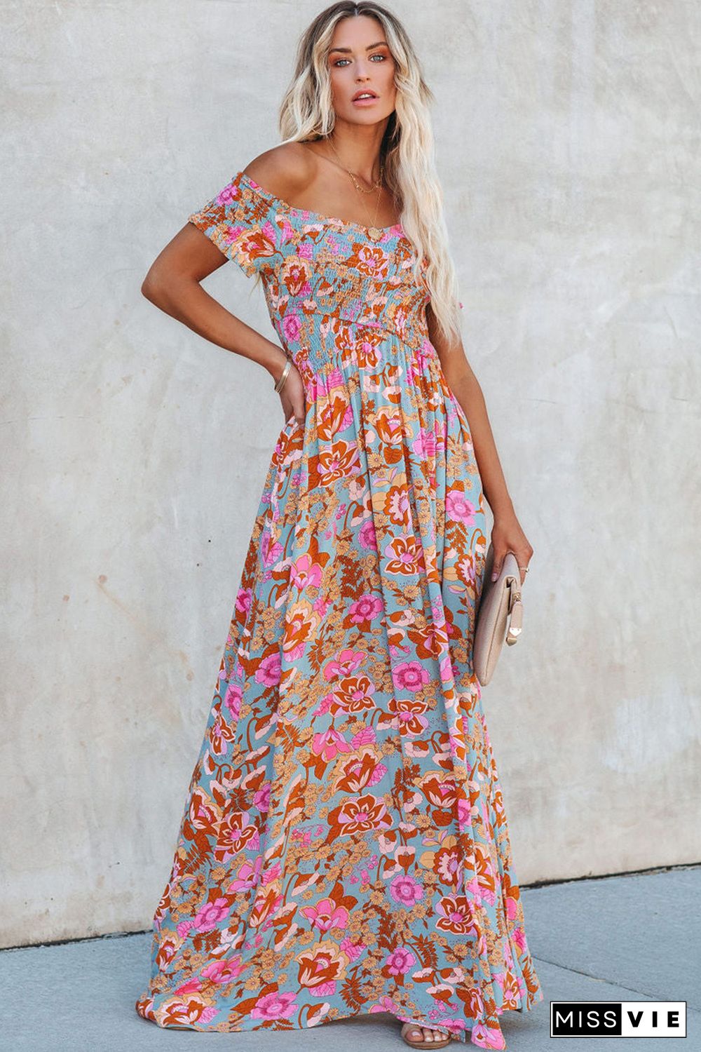 Sky Blue Floral Print Shirred Side Slit Off Shoulder Maxi Dress