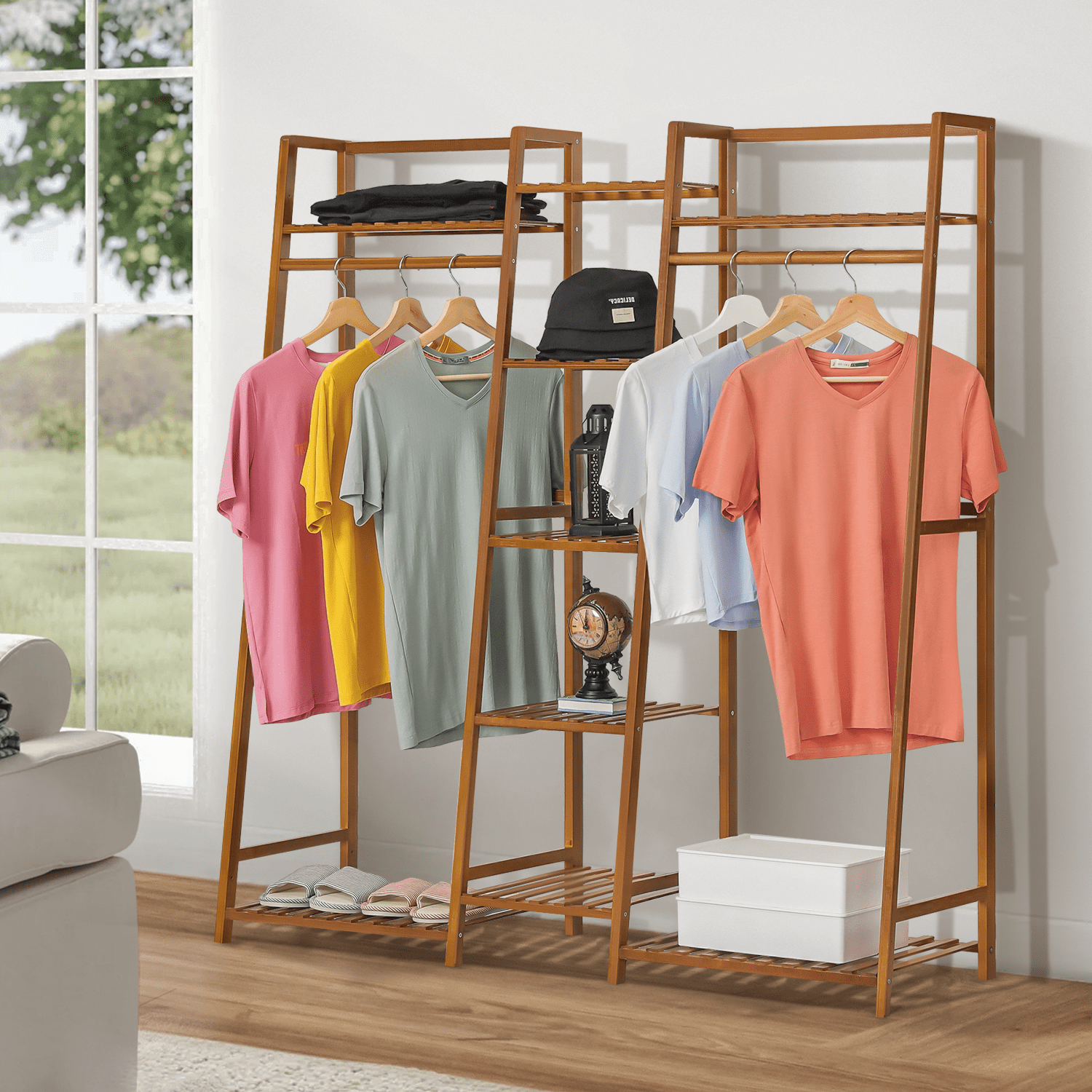 MoNiBloom Bamboo 5 Tiers Trapezoid Coat Rack, Closet Organizer Wardrobe, Hanging Rod, Brown, for Bedroom