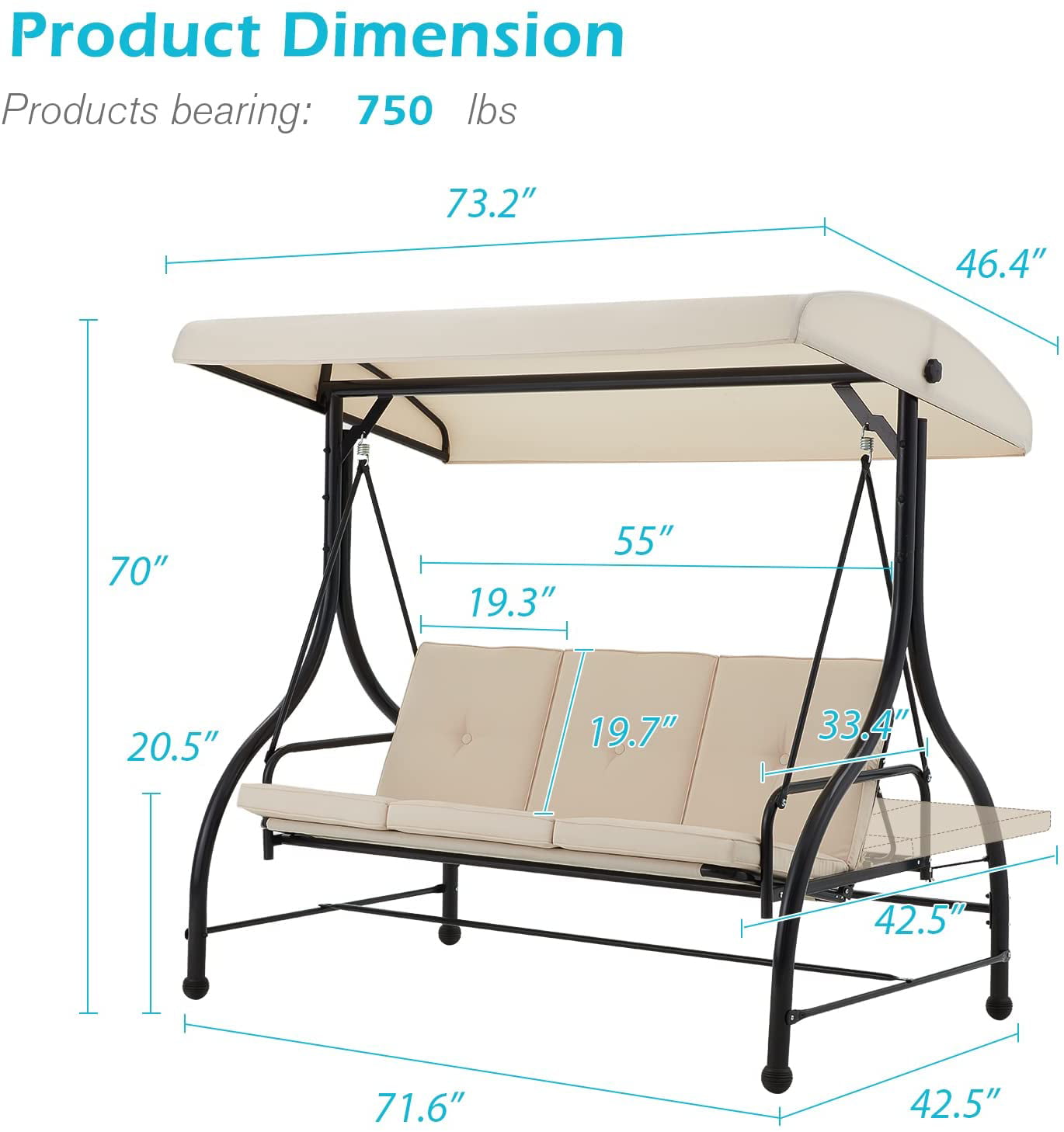 AECOJOY 3 Persons Outdoor Patio Swing Chair, Converting Swing Glider Hammock-Beige