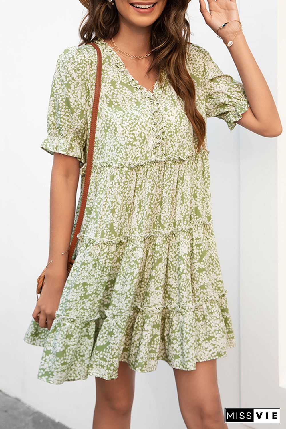 Puff Sleeves Floral Mini Dress Wholesale