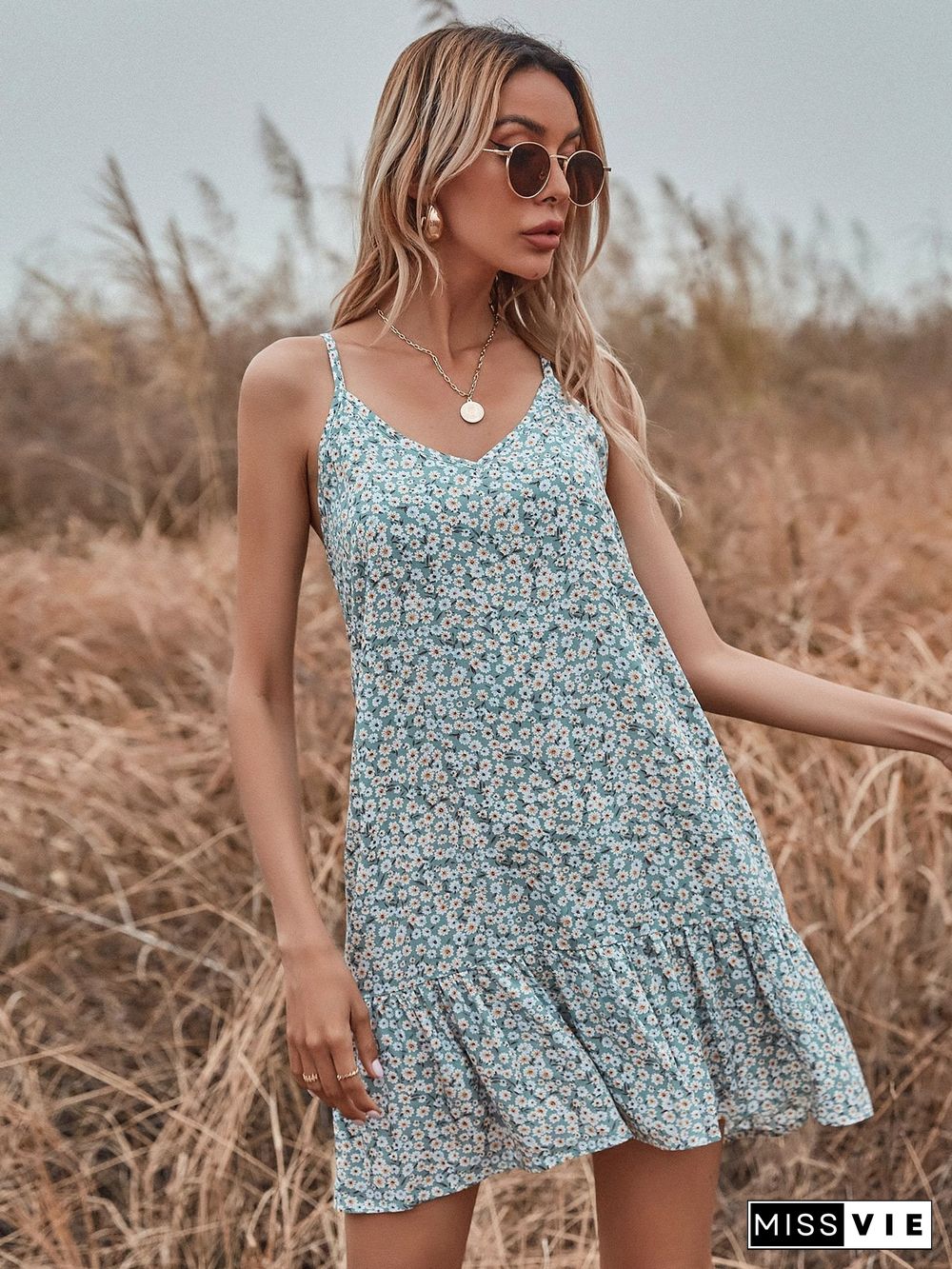 Fashion V Neck Floral Printed Sleeveless Shift Dress