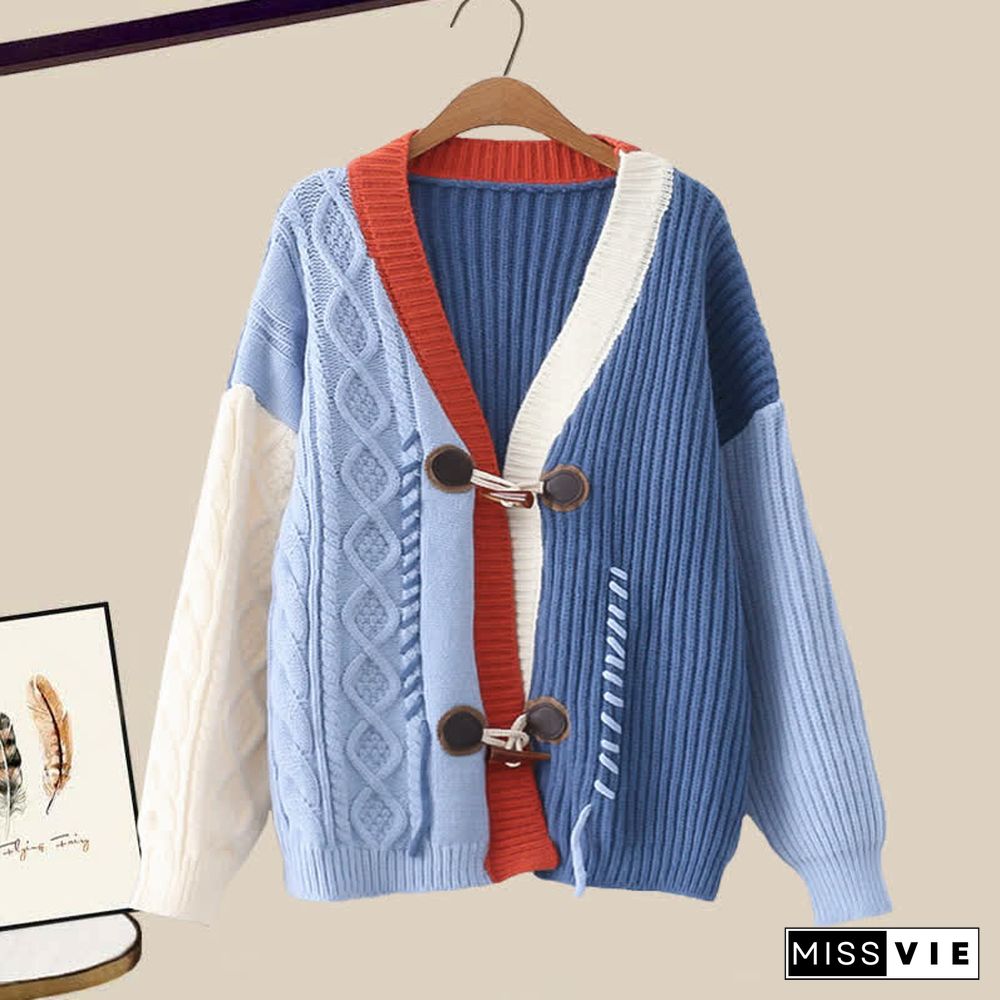 Colorblock V-neck Cardigan Sweater Lapel Shirt Casual Pants