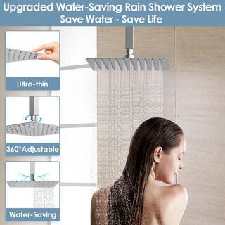 GRANDJOY Pressure Balance Temperature Display 3-Spray Ceiling Mount 12 in. Fixed Handheld Shower Head 2.5 GPM in Brushed Nickel GJSFS-1015-NK12