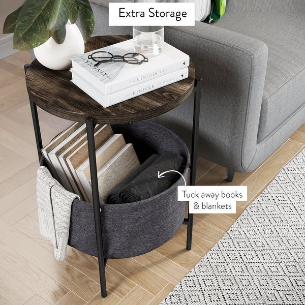 Nathan James Oraa Wood Side Table with Fabric Storage and Metal Base