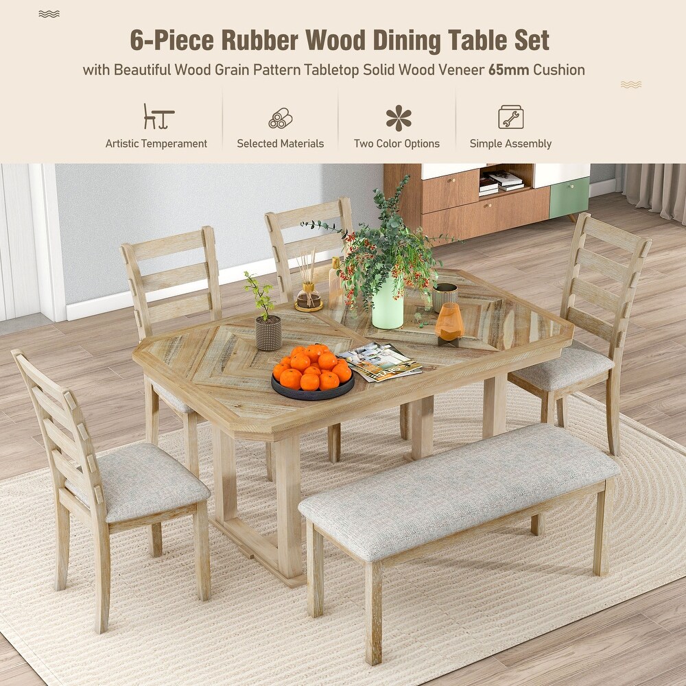 6 Piece Dining Table Set w/4 Padded Chairs  Solid Wood Table Chair Set