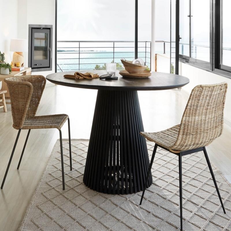 OROA Irune Round Black Teak Wood Pedestal Dining Table