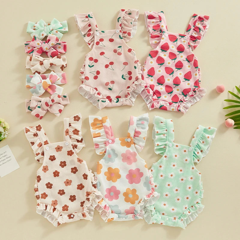 Baby Girls Romper and Headband Strawberry/Flower/Cherry Print Fly Sleeve Frills Newborn Infant Jumpsuit Summer Clothing