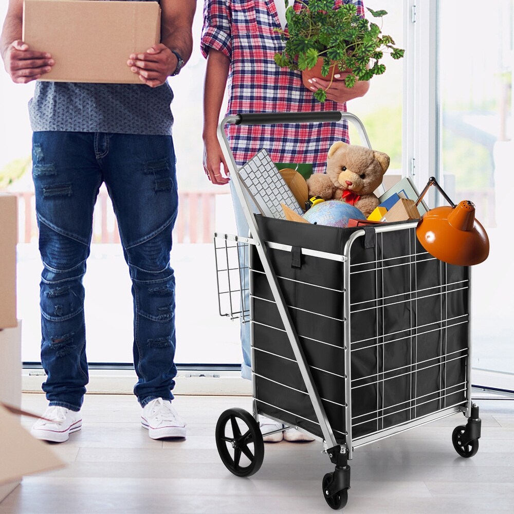 Folding Shopping Cart with Waterproof Liner Wheels and Basket Silver   26\