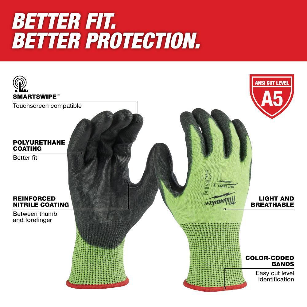 MW Large High Visibility Level 5 Cut Resistant Polyurethane Dipped Work Gloves 48-73-8952