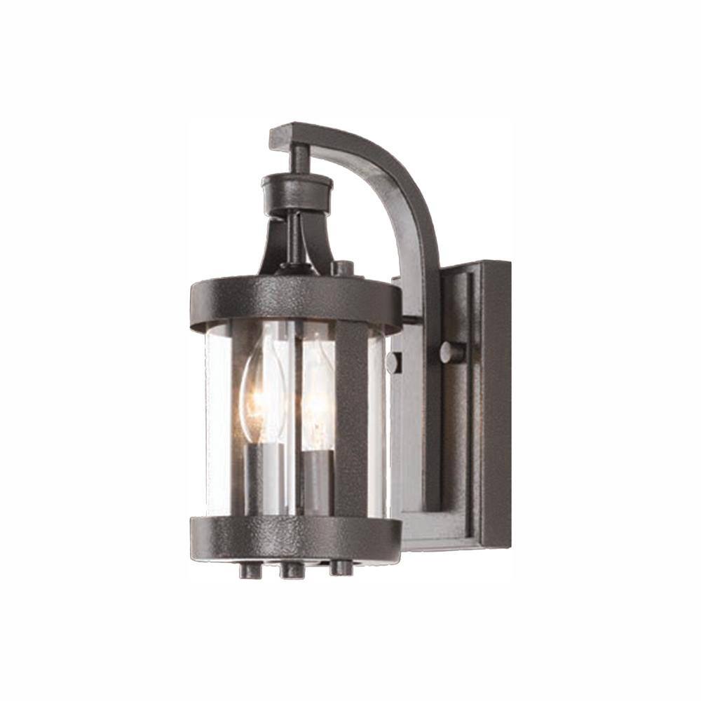 Home Decorators Collection Glastonbury Caged 12 in. 2-Light Aged Iron Outdoor Wall Light Fixture with Clear Glass DC-C3083