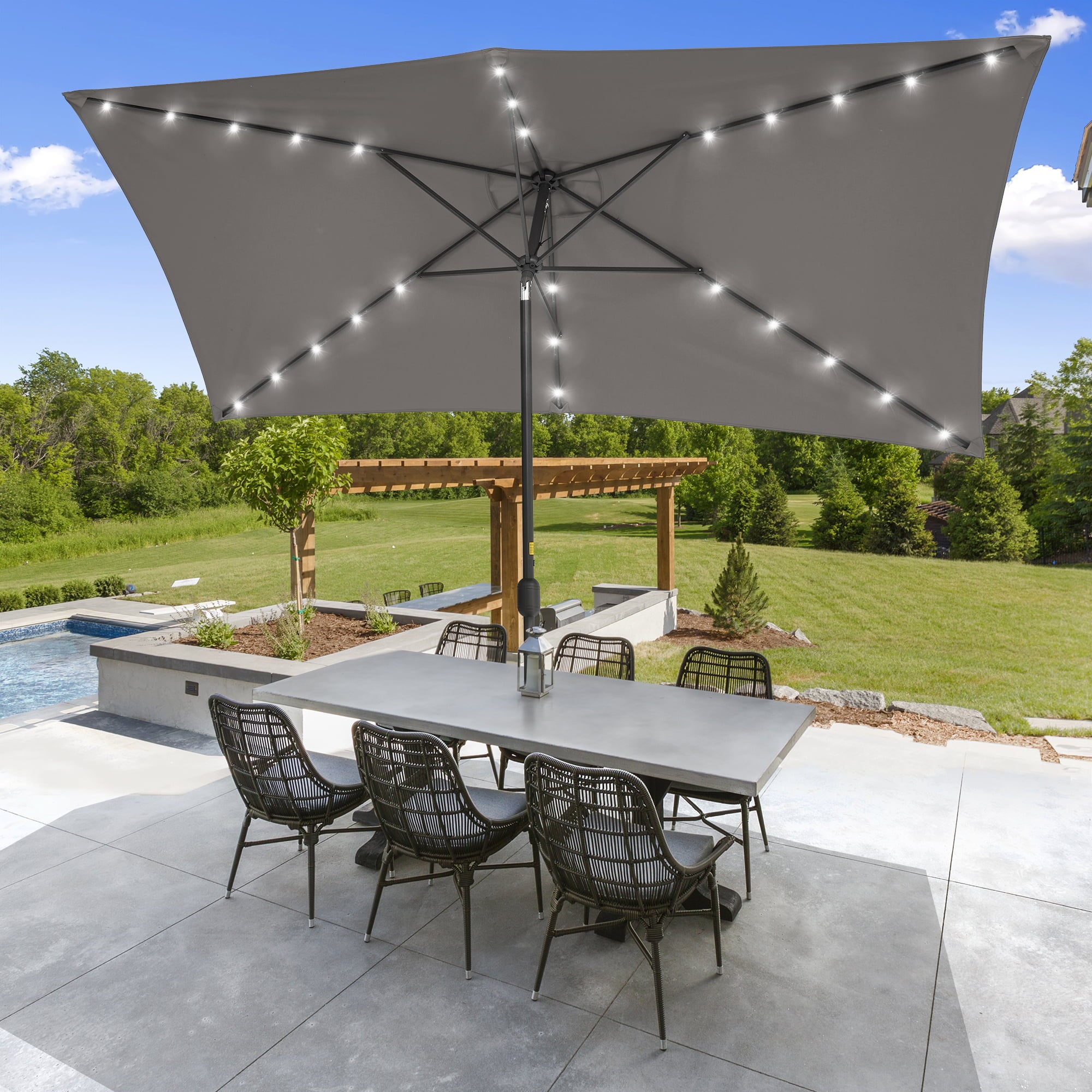 Sonerlic 10 x 6.5ft LED Solar Outdoor Patio Rectangle Table Umbrellas with Non-Fading Canopy for Garden and Yard,Gray