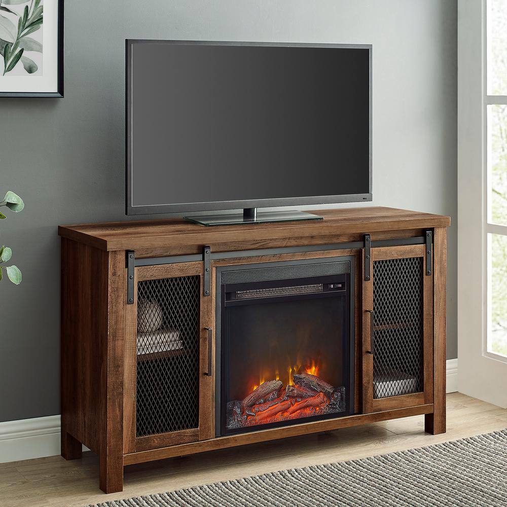 Walker Edison Furniture Company 48 in. Rustic Oak Composite TV Stand 52 in. with Electric Fireplace HD48FPSMDRO