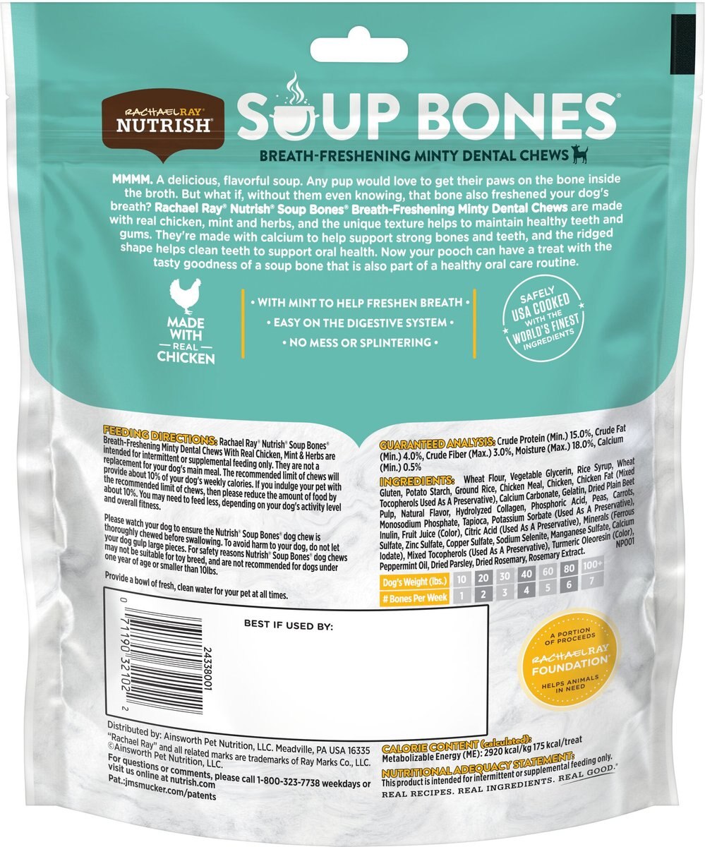 Rachael Ray Nutrish Soup Bones Breath-Freshening Minty w/Real Chicken Dog Dental Chews Treat